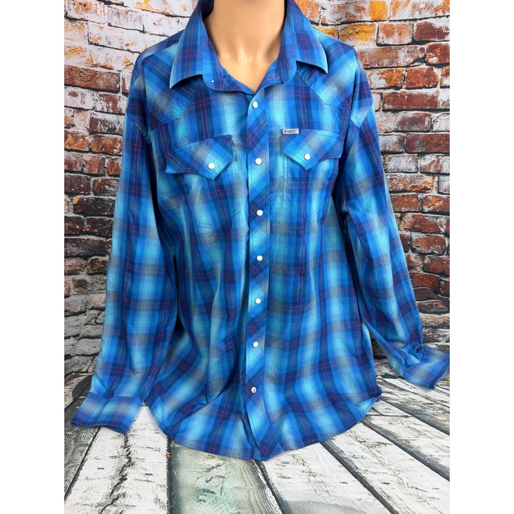 Rafter C Mens XXL Blue Red Plaid Pearl Snap Western Shirt Long Sleeve Cotton